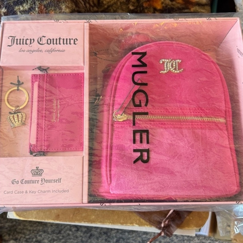 New Juicy Couture Pink Card Holder and Key Charm Backpack Set